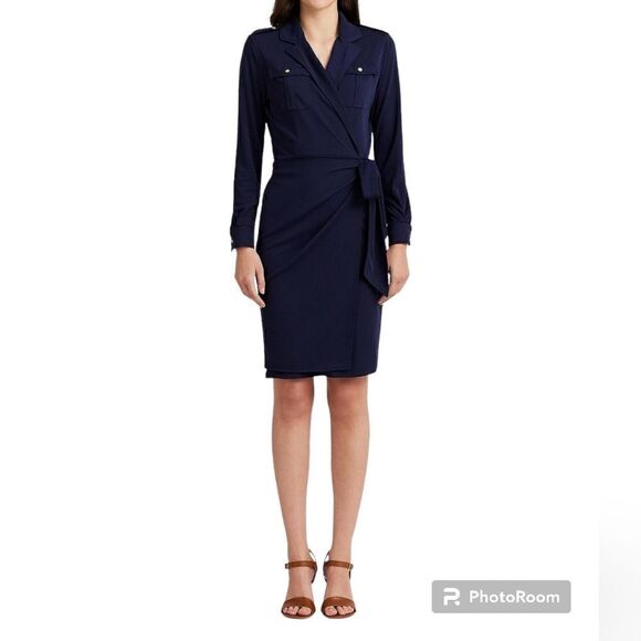 Lauren Ralph Lauren Women's Navy Blue Belted Wrap Shirt Dress, Size S - Picture 1 of 9